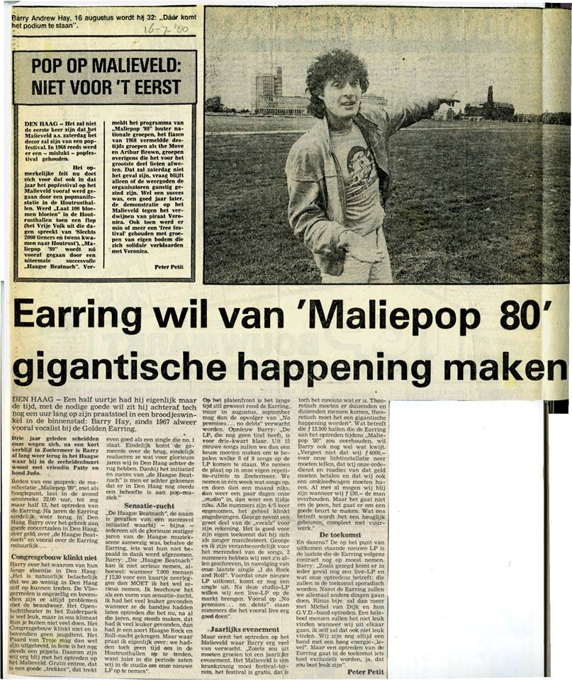 Golden Earring newspaper article July 216 1980 about Den Haag Maliepop'80 festival